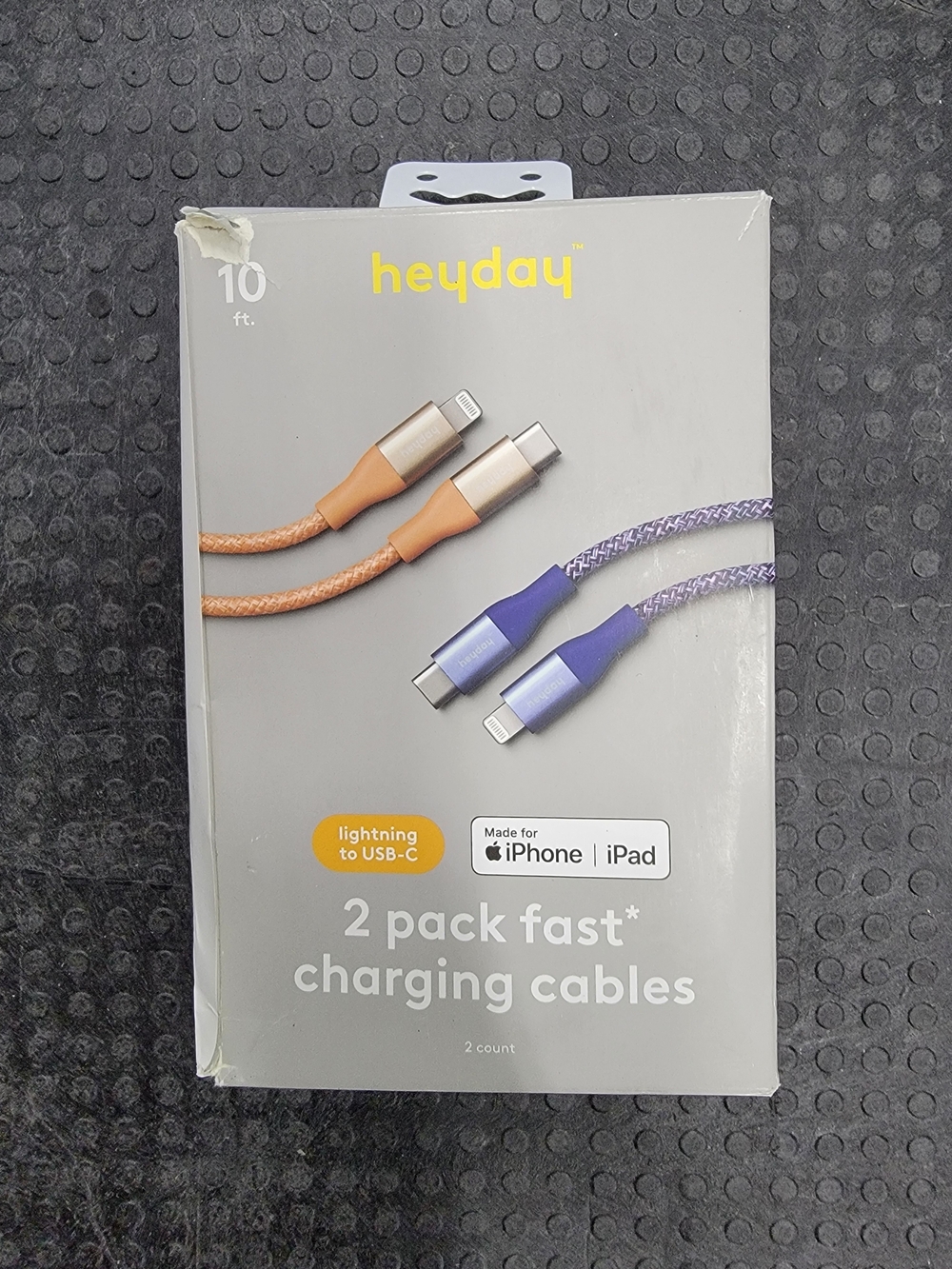 heyday 2-Pack Lightning to USB-C Braided Cables, 10ft — Purple & Orange